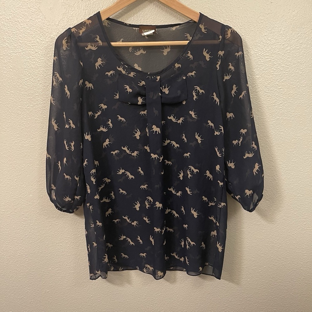 Lavish Maternity Sheer Horse Print Top Navy Dressy Office Equestrian Size S